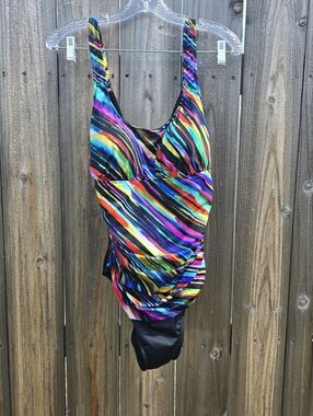 Trimshaper Multicolor Bright Rainbow Geo Pattern Ruched Sides Swimsuit - Size 16